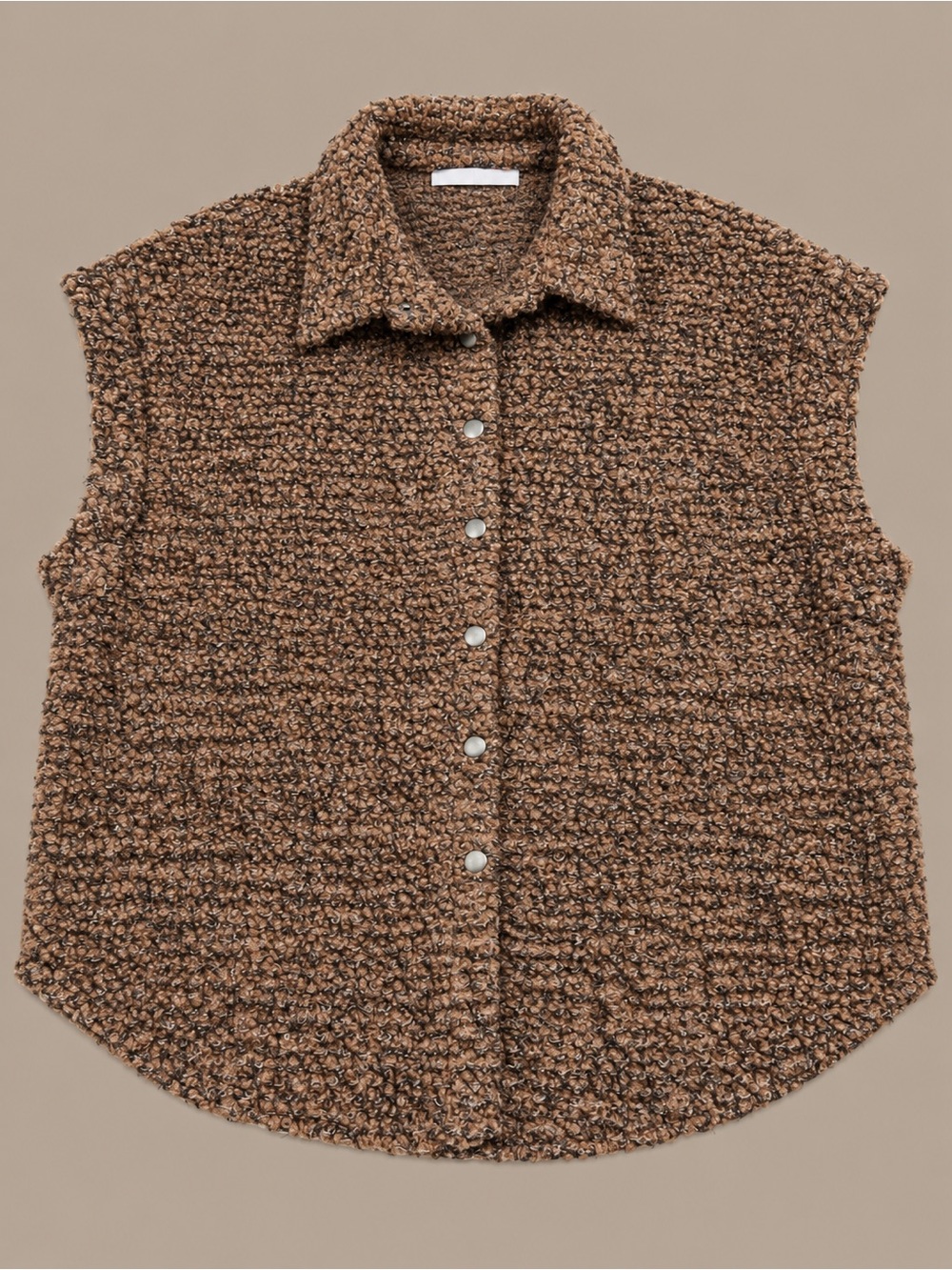 Textured Bouclé Sleeveless Button-Front Vest in Brown